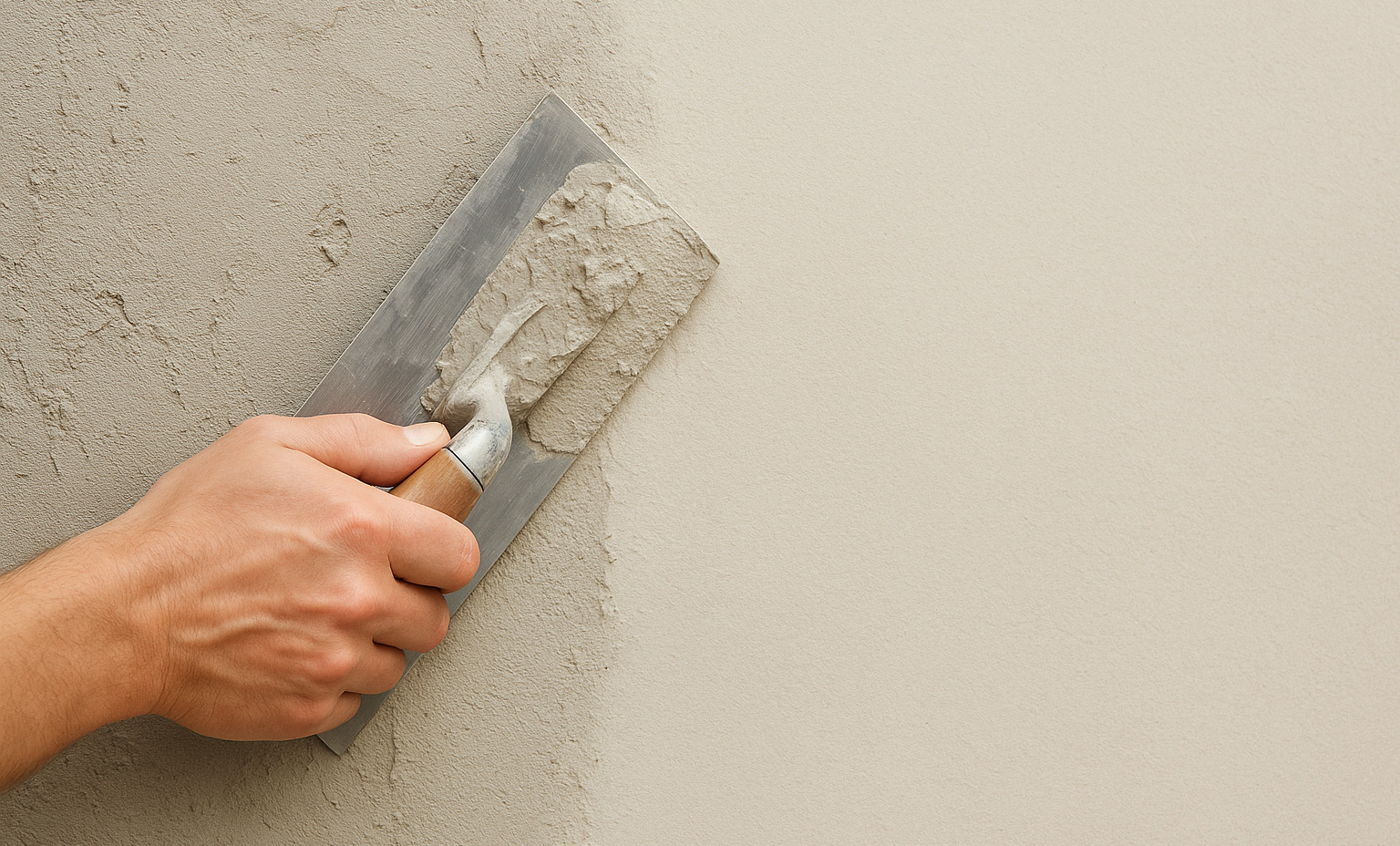 hand mit Maurerkelle glättet eine Wand