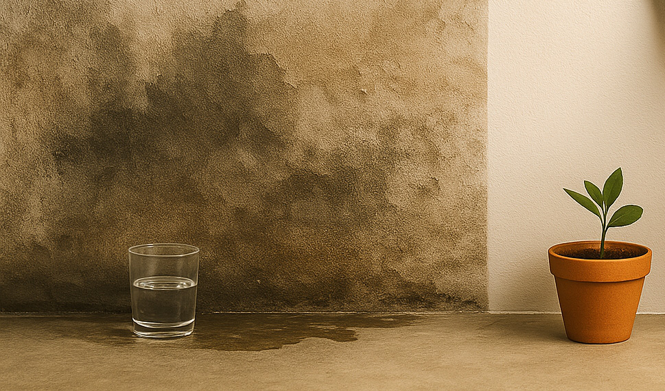 feuchte Wand mit wasserglas davor und rechts weiße wand mit Pflanze