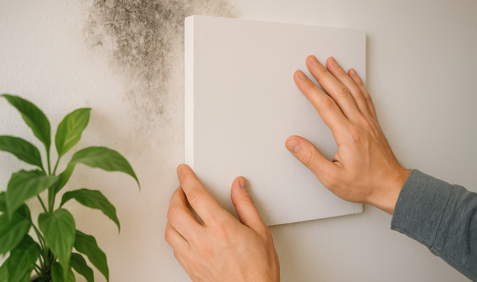 Klimaplatte mit zwei Händen an Wand