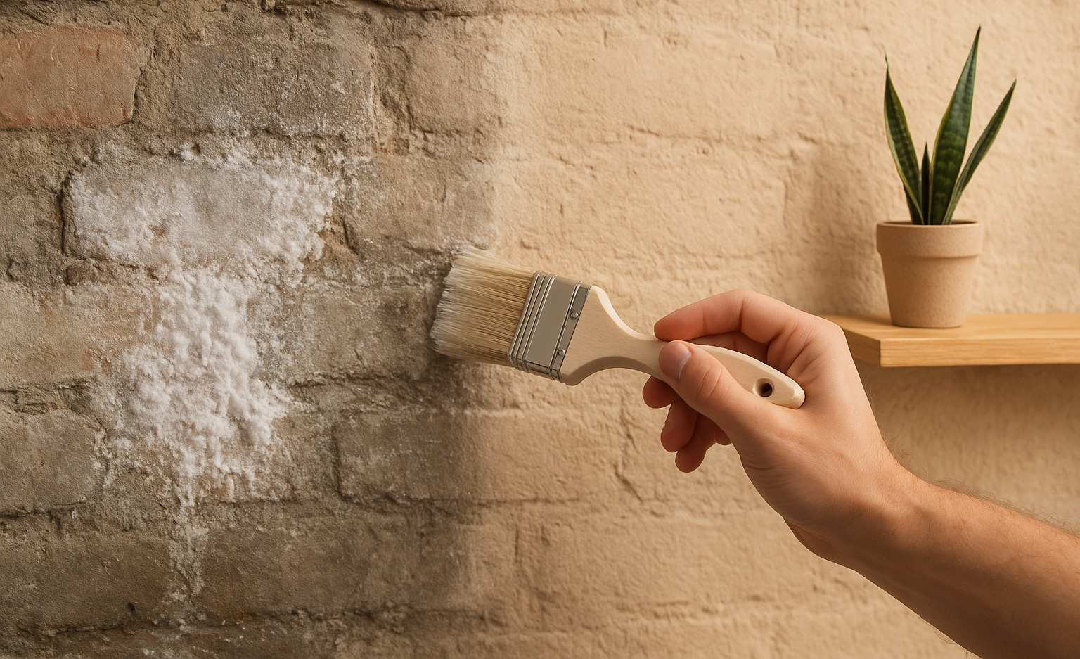 Hand mit Pinsel bestreicht salzbelastete Wand mit Salzstop