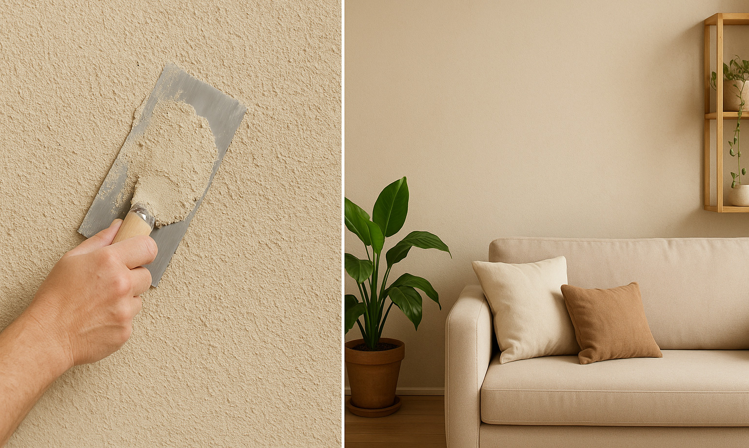 Hand mit Spachtel verputzt Wand im Vordergrund im Hintergrund ein schönes Wohnzimmer