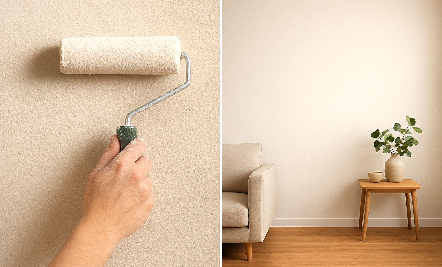 eine Hand mit einer Farbrolle rollt Rollputz auf eine Wand im Hintergrund ein Auschnitt eines Wohnzimmers